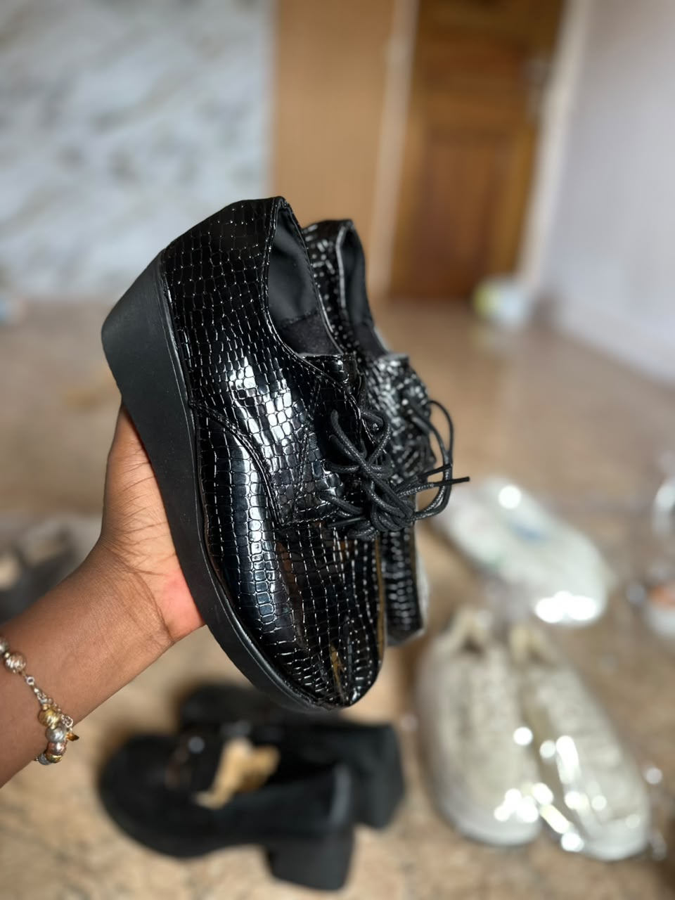 SBS Black Platform Lace-up Wedge Shoes