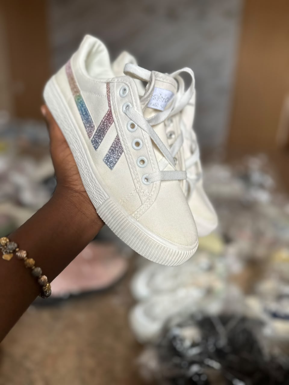 SBS White Low-Top Glittery Side Stripes Sneakers