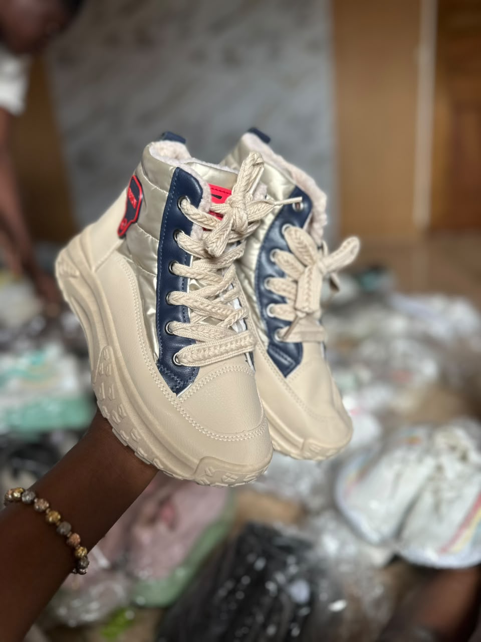 SBS White and Navy High-top Puffer Platform Sneakers